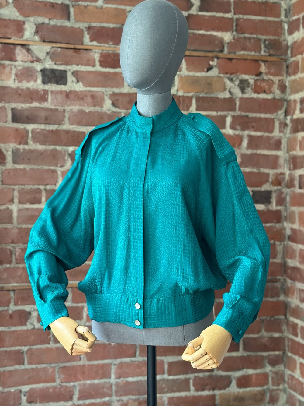 Vintage Emerald Silk Oversized Bomber Blouse Batwing Sleeves Reptile Texture